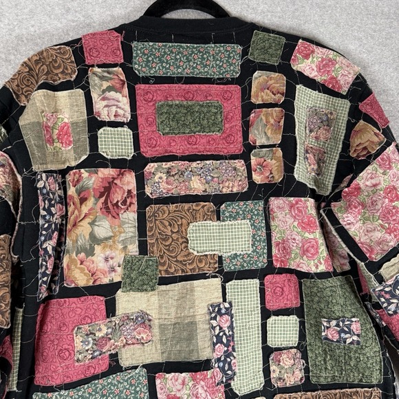 Vintage Patchwork Jacket Womens Medium Black Floral Open Handmade - Picture 7 of 10